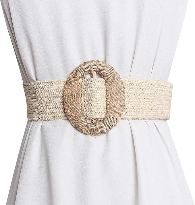 Fashion Summer Women's Woven Straw Wide Belt Bohemia Beach Buckle Casual Elastic Waistband (White... | Amazon (US)