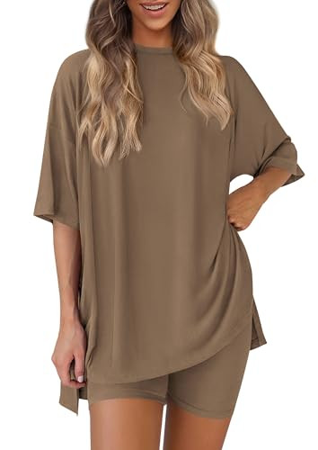 PRETTYGARDEN Women 2 Piece Lounge Set 2026 Summer Casual Oversized Shirts Biker Shorts Matching Airport Travel Outfit Clothes (Dark Khaki,Small) | Amazon (US)