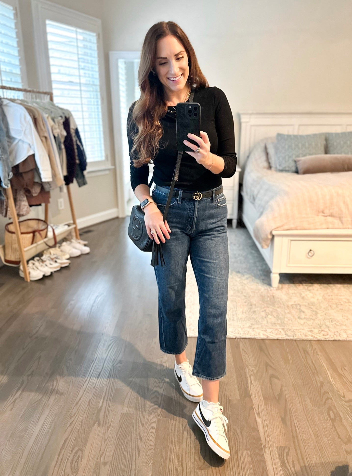 My new favorite everyday jeans with  basic black top paired with Nikes and gold accents. 🖤

#LTKItBag #LTKSeasonal #LTKOver40