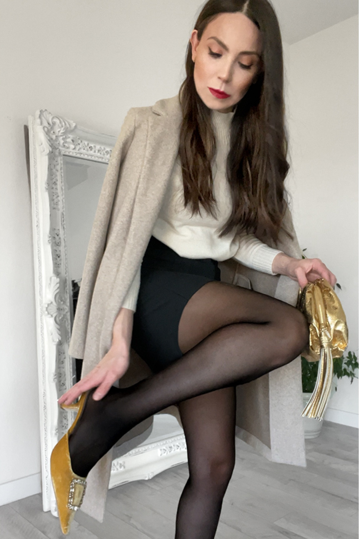 Holiday outfit with a touch of gold 🥂

Minimalist holiday outfit 
Gold bag 
Gold shoes 
Mustard shoes 
Yellow shoes 
Jewel shoes 
Gold jewel shoes
Low heel gold shoes
Beige coat 
Neutral Christmas outfit
Christmas outfit 
Beige sweater 
Cream sweater 
Black shorts with tights 

#LTKSeasonal #LTKstyletip #LTKHoliday