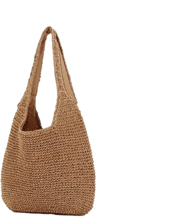 Women Brown Straw Beach Tote Bag Large Summer Boho Woven Bags Simple Classic Shoulder Handbags | Amazon (US)