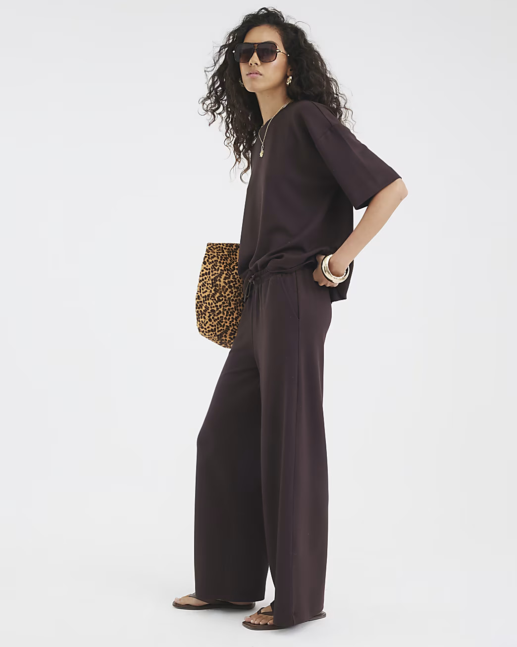 Brown High Waisted Premium Wide Leg Joggers | River Island UK & IE