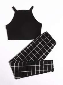 SHEIN Crop Cami Top & Plaid Pants Set | SHEIN
