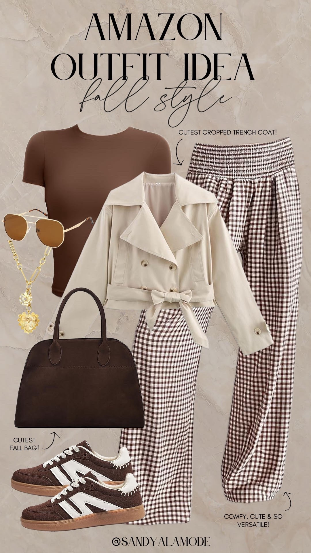 Amazon fashion. Amazon fall outfit idea. Amazon elevated casual fall outfit idea. Amazon cropped trench coat. Amazon skims style tee. Amazon brown suede satchel handbag. Amazon gingham pants. Amazon brown sneakers. How to style gingham wide leg pants for fall  

#LTKStyleTip #LTKFindsUnder100 #LTKSeasonal