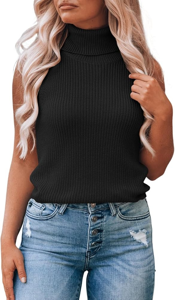 Womens Sleeveless Turtleneck Sweater Vest Casual Ribbed Knit Sweaters Basic Pullover Tank Tops | Amazon (US)