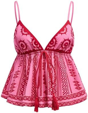 MakeMeChic Women's Paisley Print V Neck Camisole Spaghetti Strap Tie Front Ruffle Fringe Boho Tan... | Amazon (US)