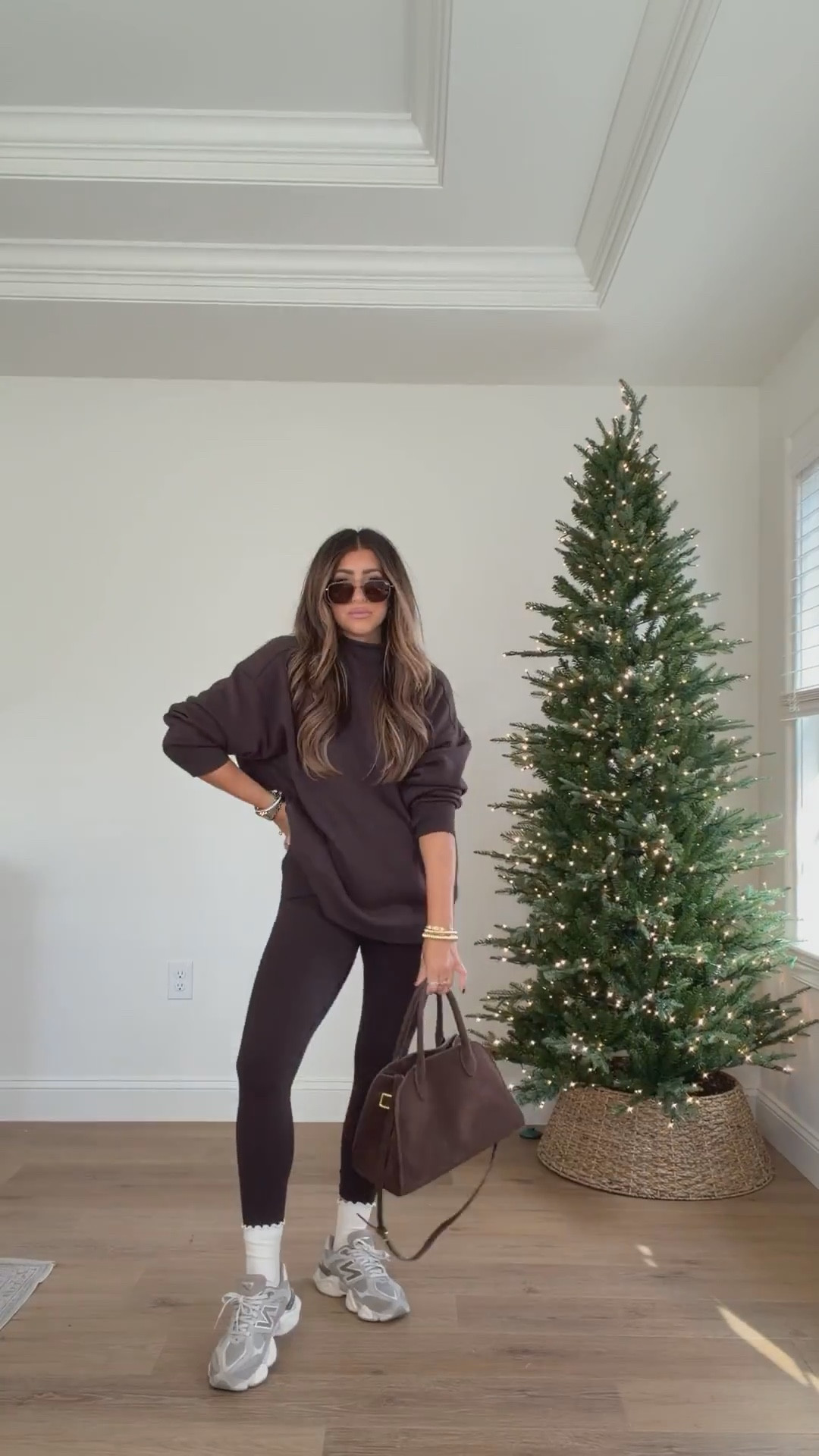 Casual outfit idea. Leggings outfit. Brown oversized sweatshirt. Socks 40% OFF & come as a pack of up to 5! Great gift for her and stocking stuffer! 🎁 
Last pair of new balance 9060 are 20% OFF. 

#LTKHoliday #LTKGiftGuide #LTKFindsUnder50