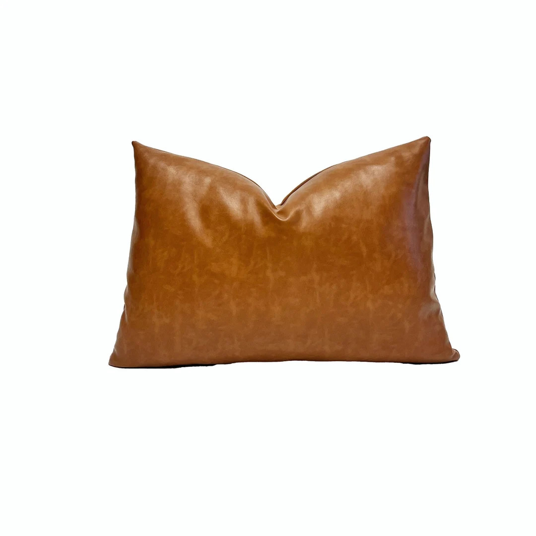 Cognac Vegan Leather Throw Pillow Cover Faux Leather Pillow Cover Brown Leather Pillow Cover 14x2... | Etsy (US)