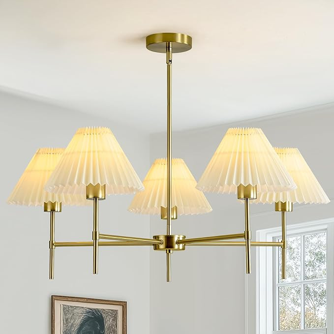 Modern Farmhouse Chandelier, 5-Light Dining Room Light Fixtures with White Pleated Lamp Shade, Br... | Amazon (US)