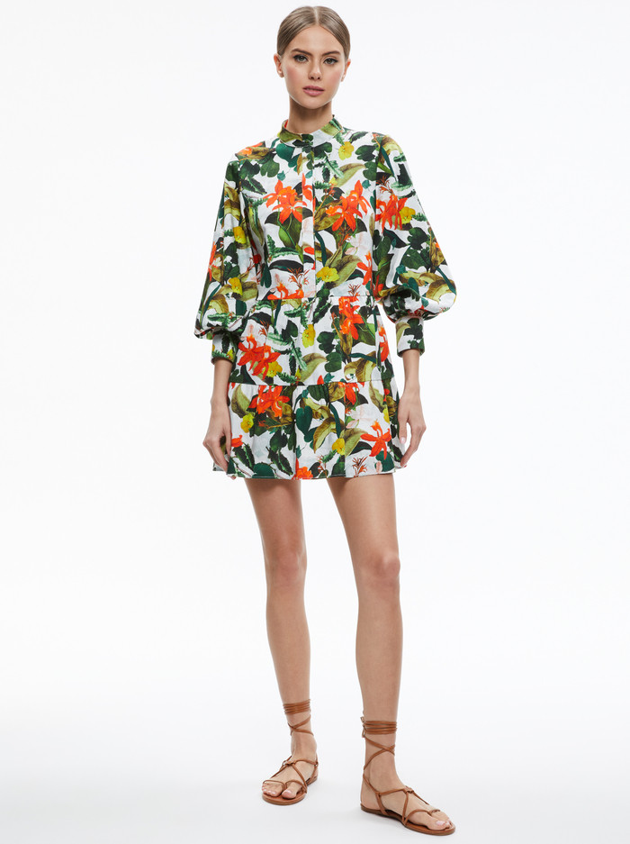 CAILIN BUTTON FRONT BLOUSON SLEEVE MINI DRESS | Alice + Olivia