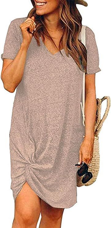 MIHOLL Women's Casual Dresses Short Sleeve V Neck Twist Knot Summer T Shirt Dress | Amazon (US)