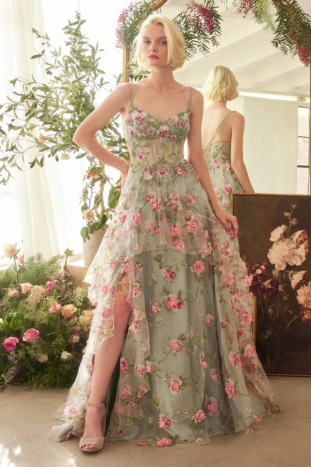A1420 - SAGE FLORAL PRINT CORSET A-LINE DRESS - Andrea & Leo | Lady Black Tie
