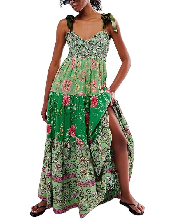 Women Summer Maxi Dress Floral Smocked Shirred Long Dress Boho Sleeveless Tie Shoulder Sundress | Amazon (US)