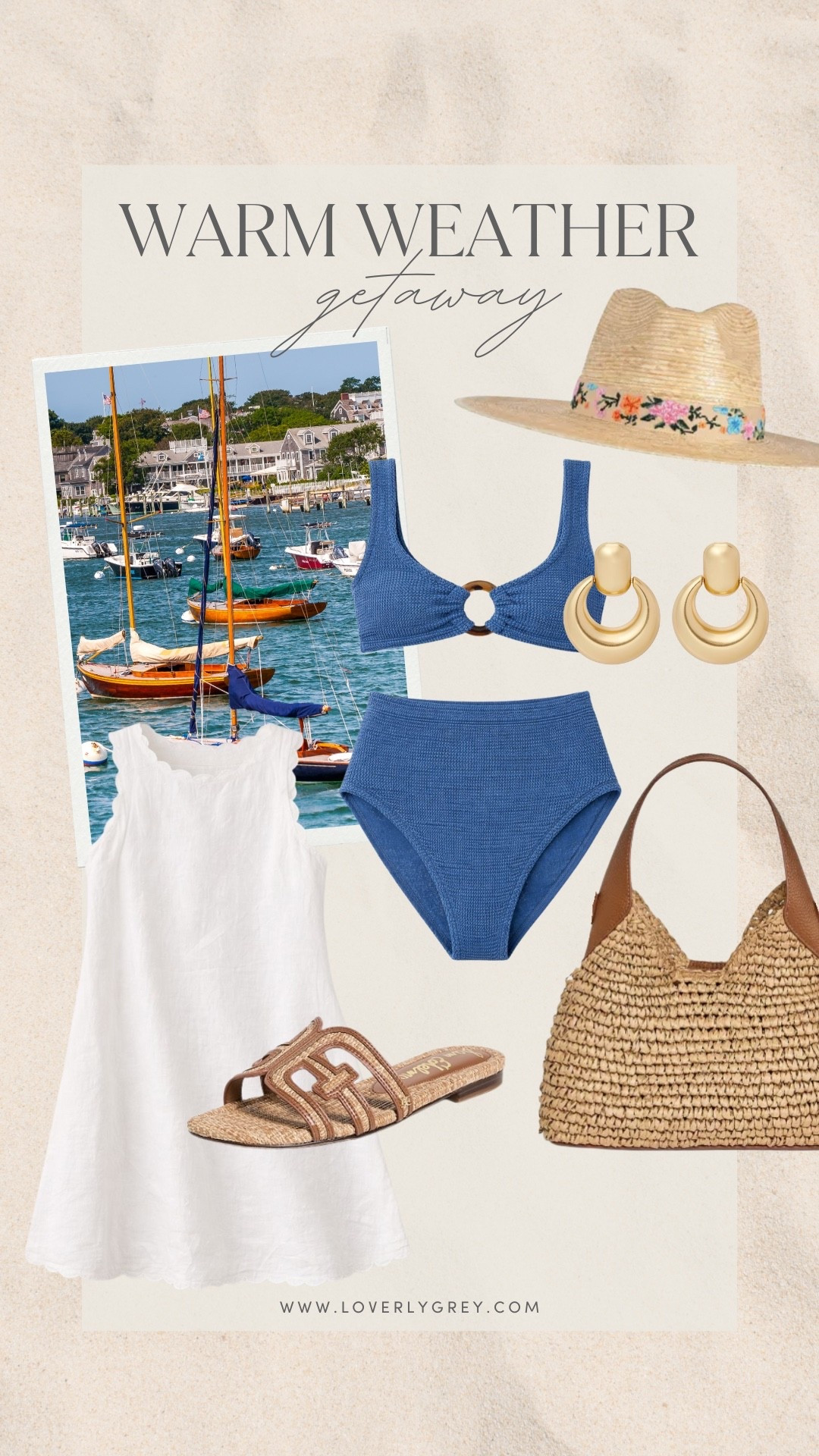 What Loverly Grey would pack for a warm weather getaway. This white coverup and blue two piece swimsuit are classic pieces. Add this fun straw hat to complete the look. 

#LTKTravel #LTKSeasonal