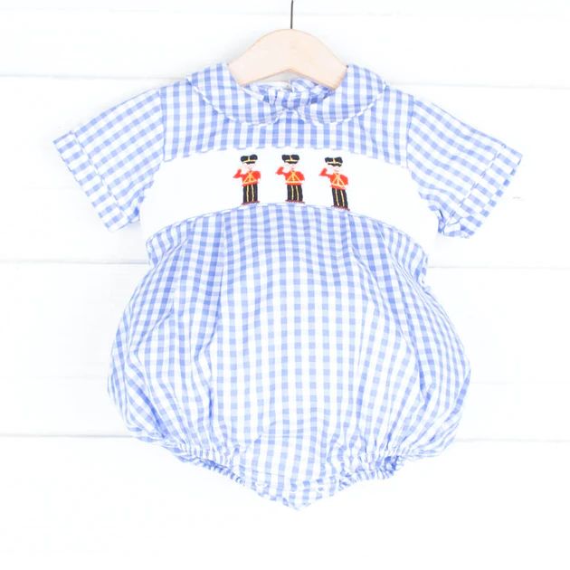 Smocked Toy Soldier Light Blue Collared Bubble | Classic Whimsy