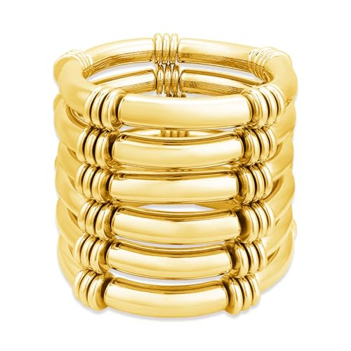 YBMYCM 5PCS Gold Chunky Bangles Bracelets for Women Plated Stackable Layered Curved Bamboo Tube Stretch Bracelets Bangle Gift Jewelry | Amazon (US)