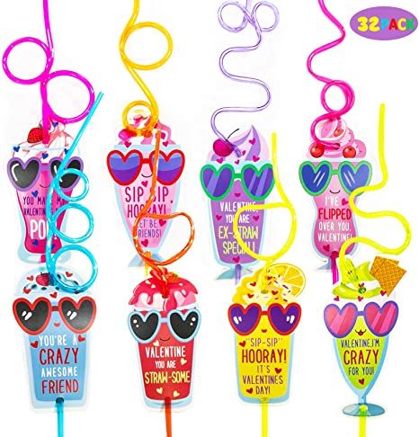Valentines Day Gifts for Kids - Valentines Day Cards for kids - Set of 32 Crazy Straws Bulk - Val... | Amazon (US)