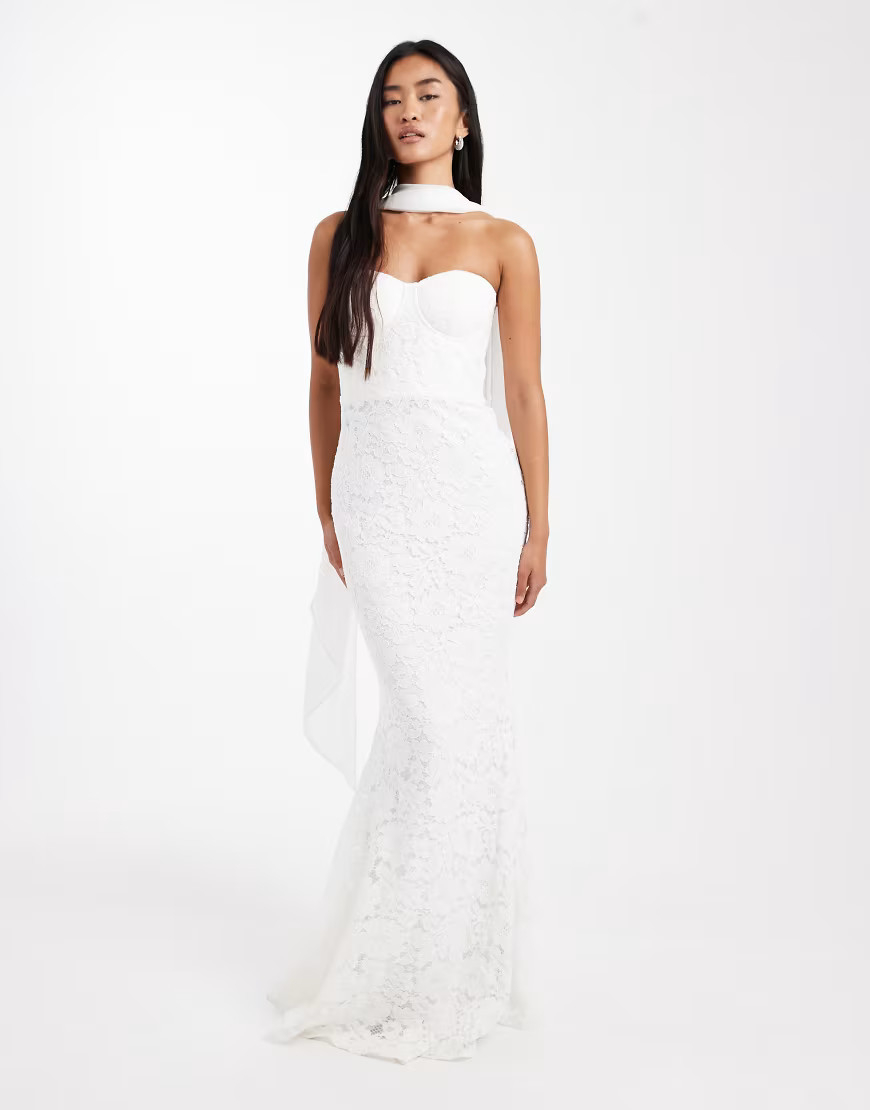 Six Stories Bridal lace bandeau scarf neck maxi dress in white | ASOS (Global)