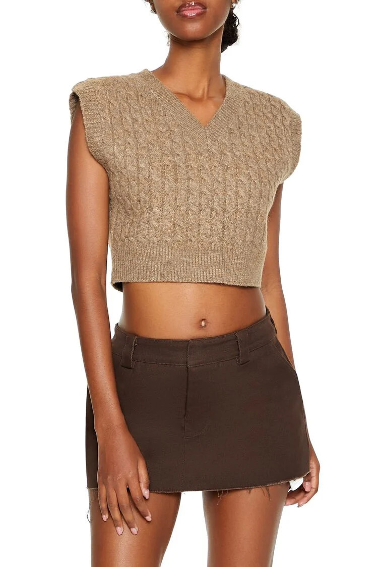 Women's Cropped Cable Knit Sweater Vest in Brown Medium | Forever 21