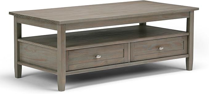 SIMPLIHOME Warm Shaker SOLID WOOD 48 inch Wide Rectangle Rustic Coffee Table in Distressed Grey, ... | Amazon (US)