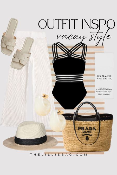 Vacay outfit! Affordable items mixed with luxury. 

Vacation outfit. Travel outfit. Resort wear. One piece swimsuit. Crochet pants. Designer tote. 

#LTKstyletip #LTKSeasonal #LTKswim