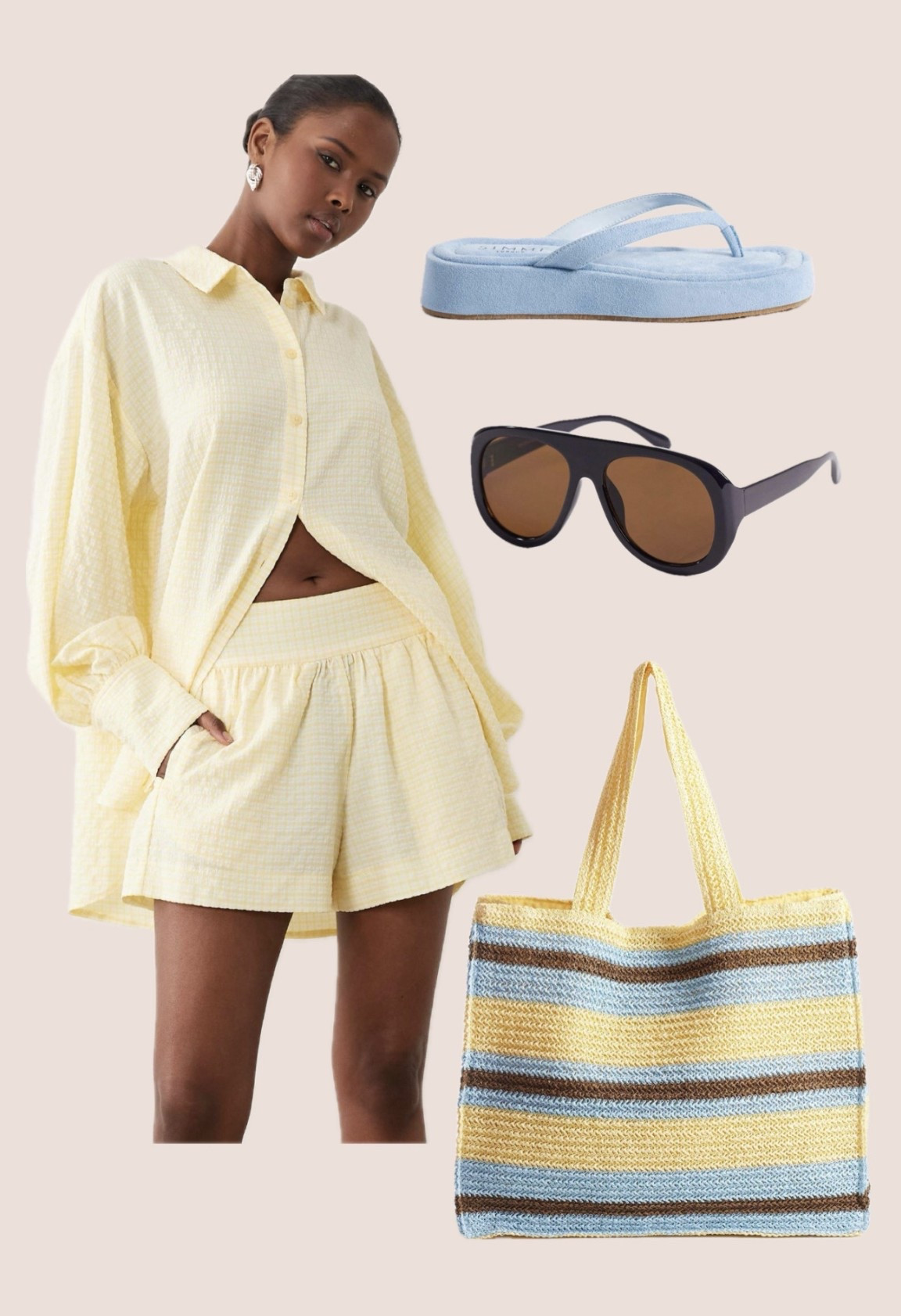 New spring arrivals at @ASOS ✨

Matching set. Butter yellow. Casual style. Outfit idea. Outfit inspo. Spring style. Beach bag. Handbag. Flip flops. Spring outfit  