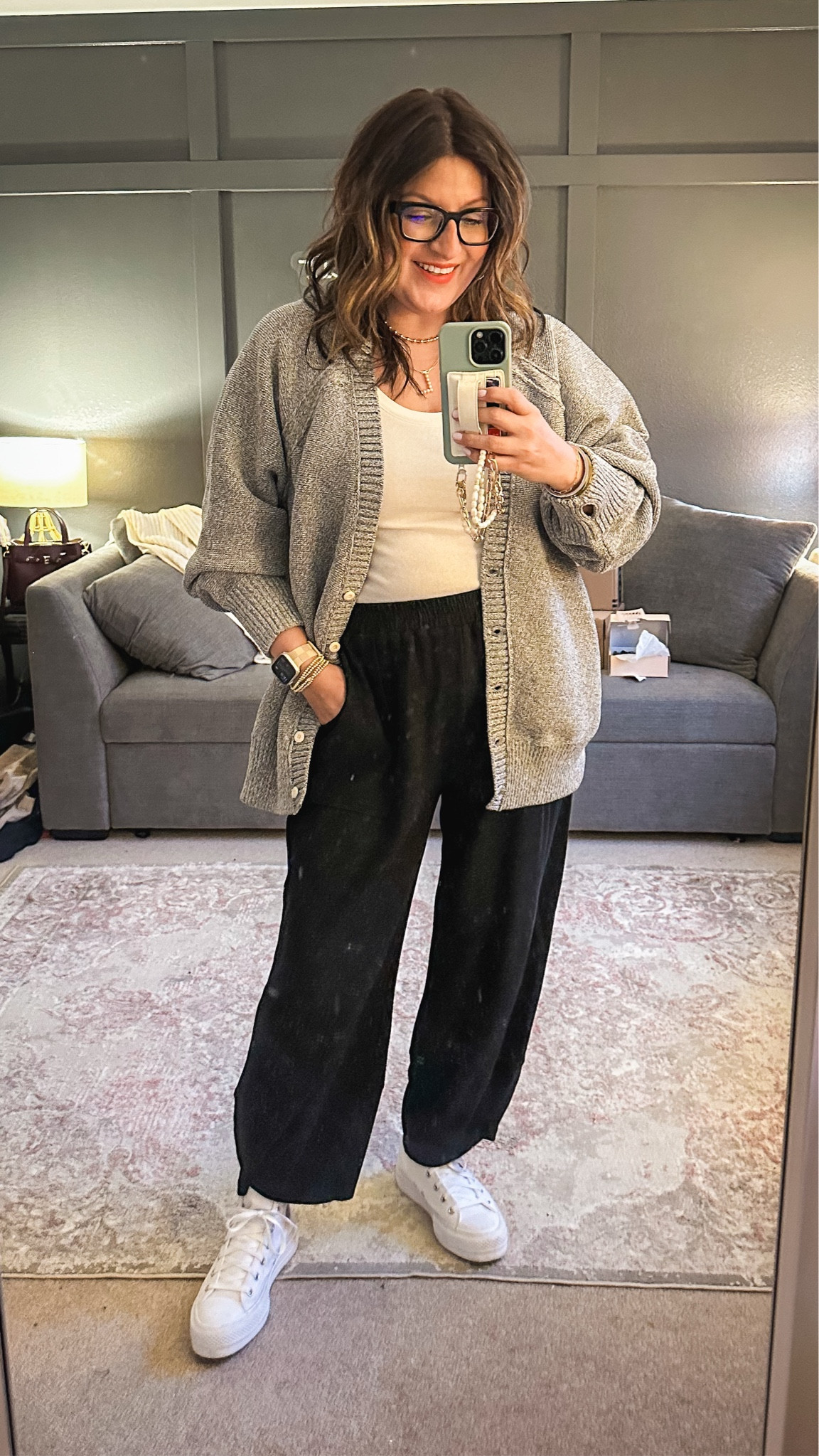 Today’s comfy teaching outfit:
AE cardigan (XL)
Target tank (L)
Amazon pants (L)
High top platform Converse

#LTKMidsize #LTKOver40