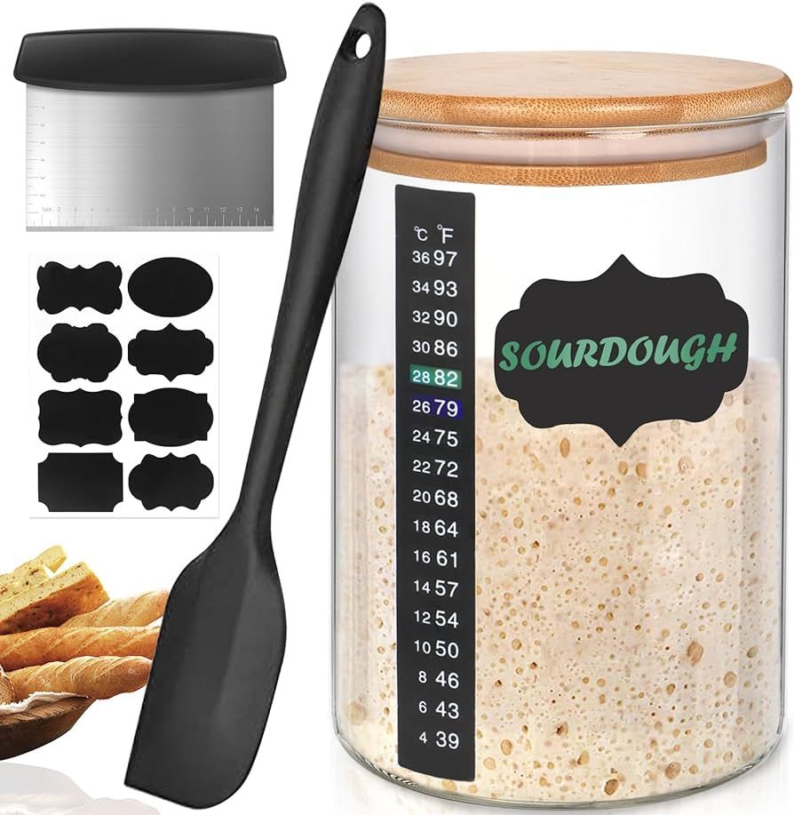 Kmise Sourdough Starter Jar, 34 Oz DIY Pro Glass Sourdough Starter Jar Kit With Thermometer, Sili... | Amazon (US)