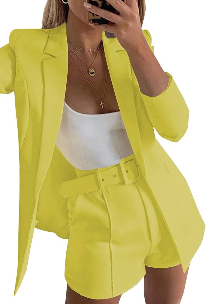 Tcremisa 2 Piece Outfits for Women Long Sleeve Solid Color Blazer with Pockets Shorts Suit Sets | Amazon (US)