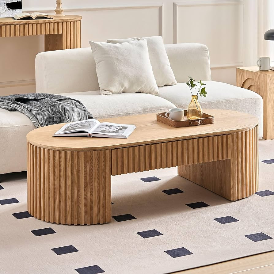 Oval Coffee Table, 51.18" Wood Coffee Table with Drawer, Fluted Design, for Living Room, Small Sp... | Amazon (US)