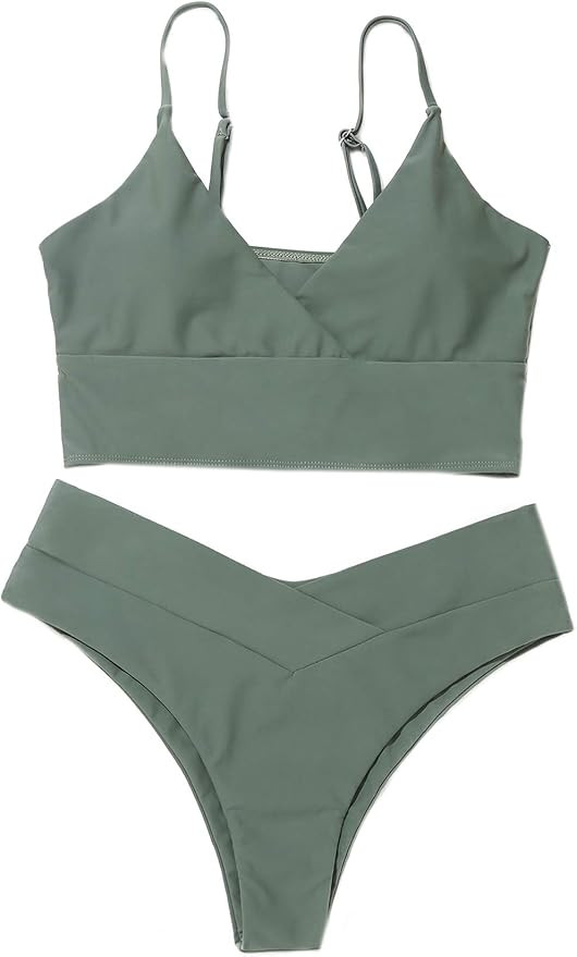 SheIn Women's Swimsuit Wrap V Neck Sleeveless Bikini Top and High Cut Thong Set Bathing Suit | Amazon (US)