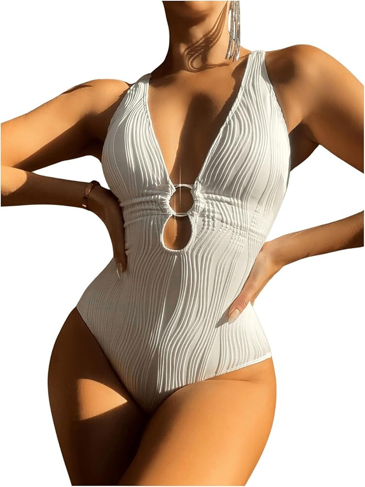 MakeMeChic Women's Twist Back Cut Out Ring Plunge Neck One Piece Swimsuit Bathing Suit | Amazon (US)