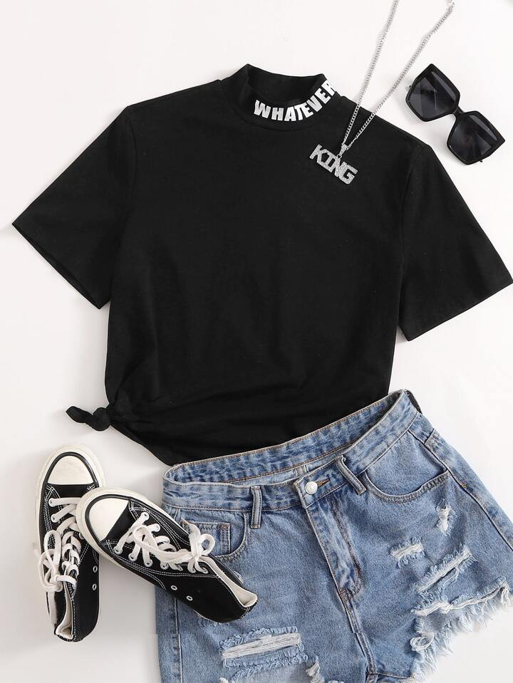 SHEIN Mulvari Letter Graphic Mock-neck Tee | SHEIN