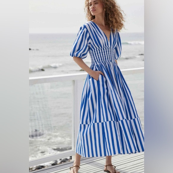 Ayr The Extra Extra Puff Sleeve Midi Dress in Marais Blue Regatta Stripe Size M | Poshmark
