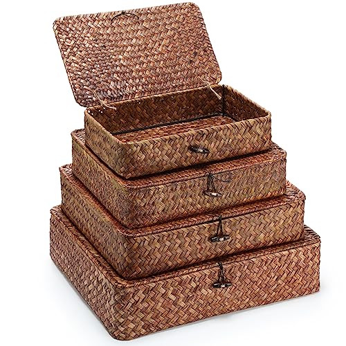 Didaey Set of 4 Seagrass Basket with Lid Wicker Storage Basket Decorative Storage Boxes with Lids Flat Storage Bins Woven Organizer Baskets for Shelf Closet Bedroom, 4 Sizes (Dark Brown) | Amazon (US)