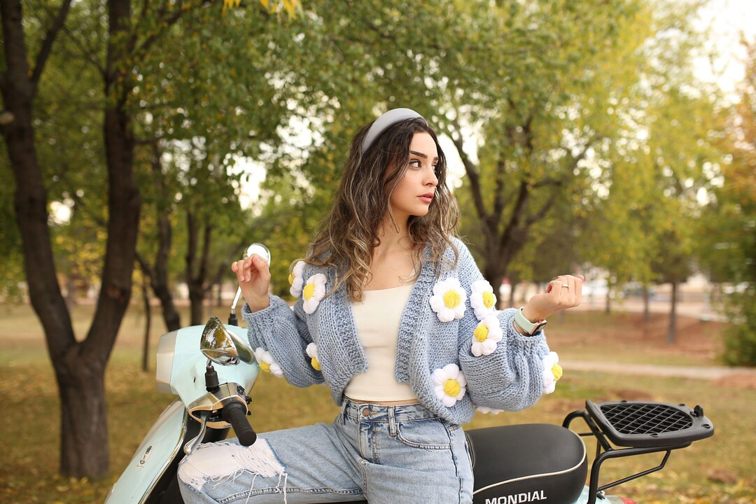 Blue Daises Cardigan | Handmade oversized cropped cardigan from merino yarn, Cardigan for fall an... | Etsy (US)