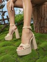 Women Knot Decor Platform Chunky Heeled Sandals, Elegant Apricot Canvas Ankle Strap Sandals | SHEIN