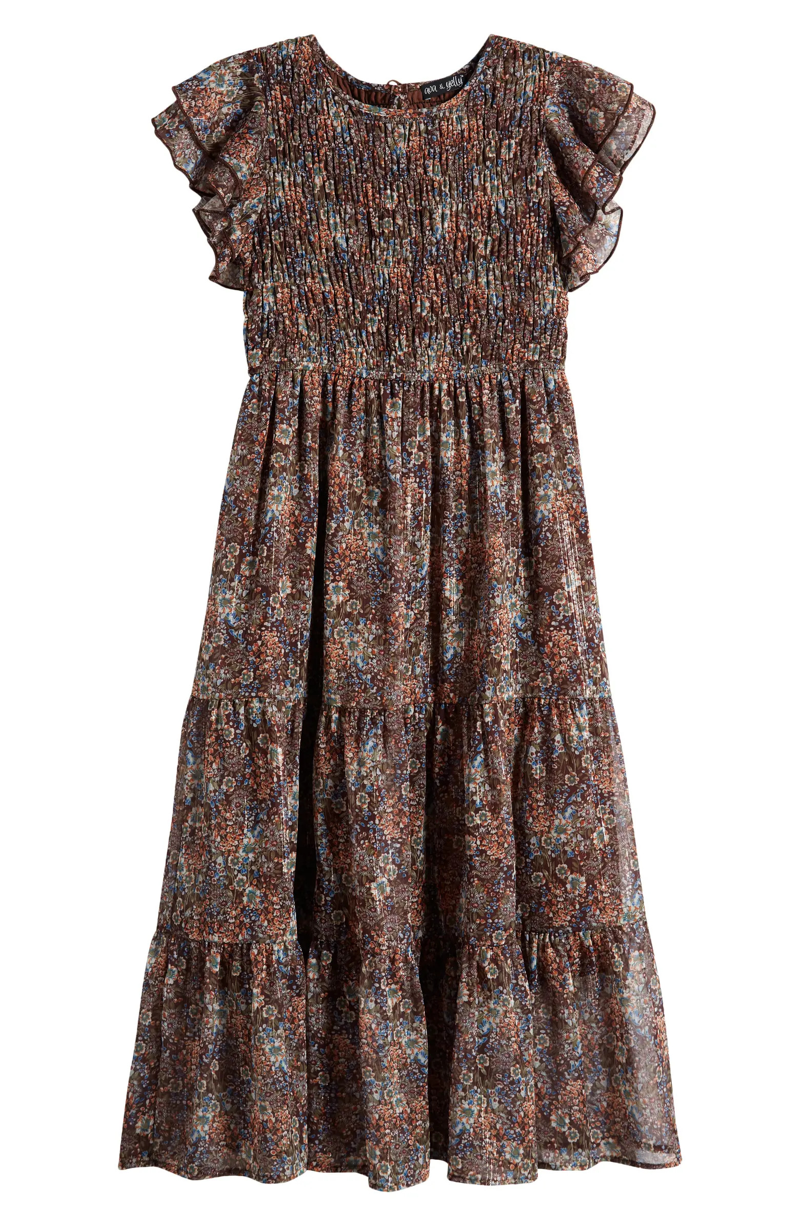 Kids' Chiffon Smocked Ruffle Maxi Dress | Nordstrom
