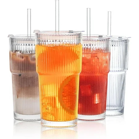 20 oz Ribbed Glass Tumblers with Lids and Glass Straws – 4-Piece Glassware Set, Thickened Glass, Ideal for Iced Coffee, Smoothies, Cocktails, and Juices – Elegant and Durable Drinkware | Walmart (US)