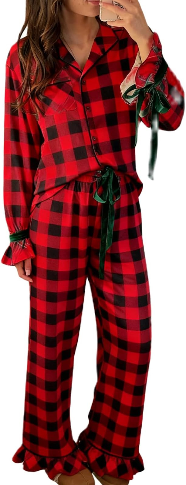 Muineobuka Christmas Pajamas for Women Silk Satin Plaid Shirt and Ruffle Pants Pjs Set Santa Bow ... | Amazon (US)