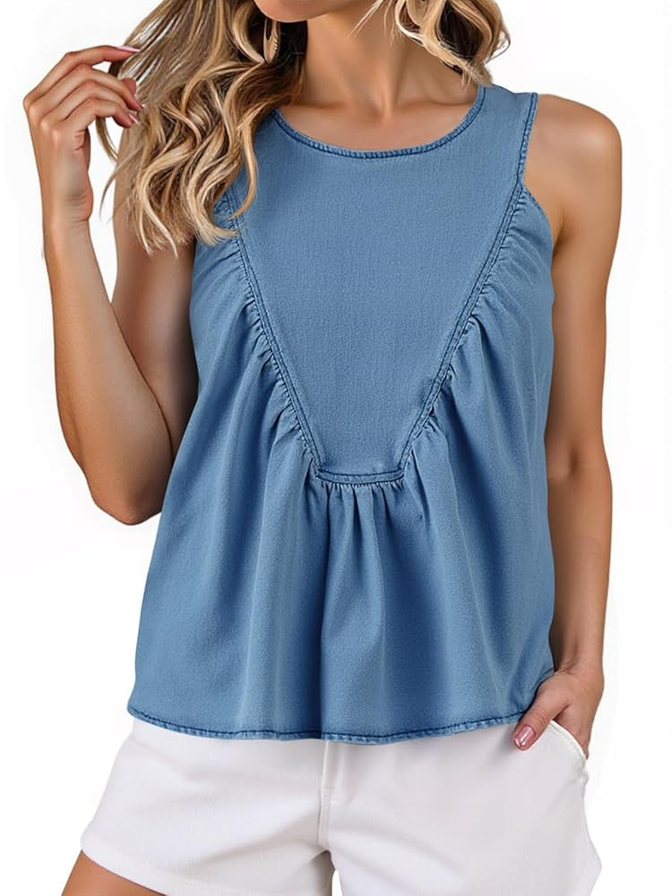 Cicy Bell Womens Babydoll Peplum Denim Tank Tops Loose Fit Swing Flowy Shirred Sleeveless T Shirt... | Amazon (US)