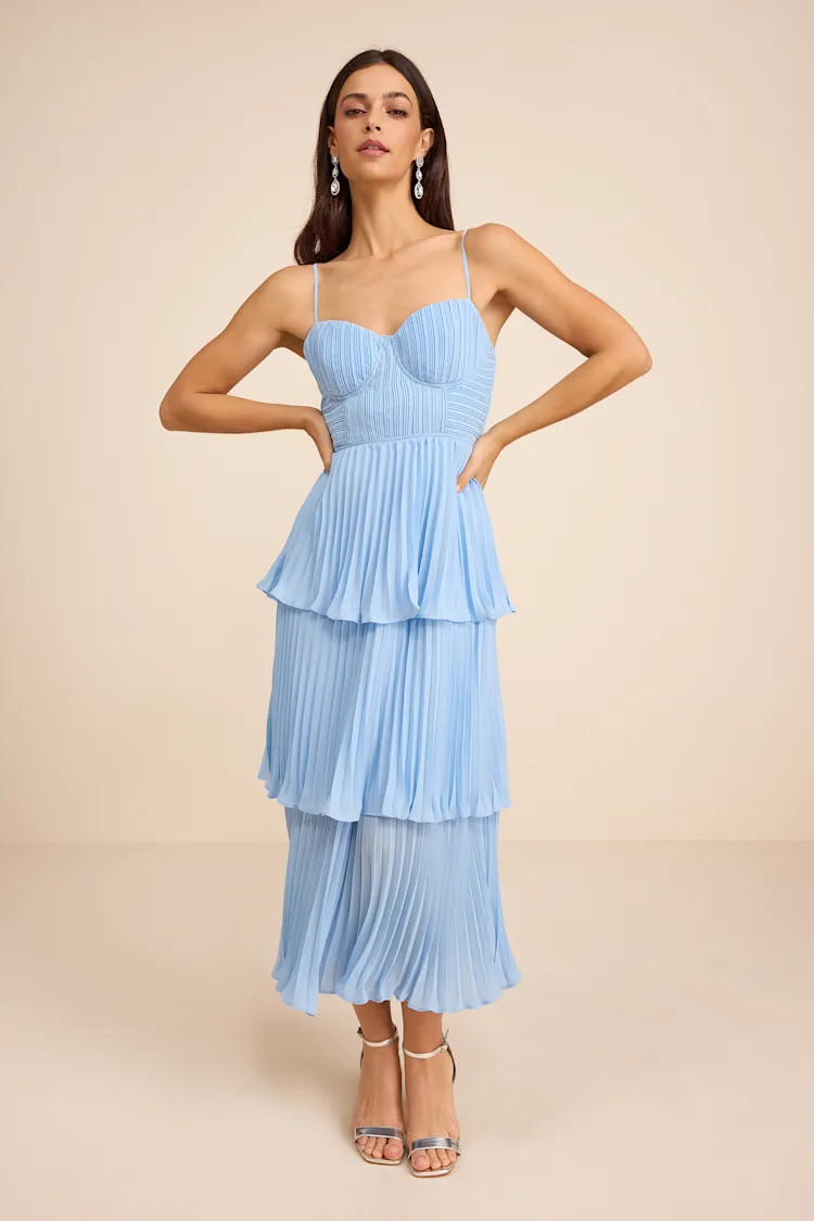 Cascading Crush Light Blue Tiered Bustier Midi Dress | Lulus