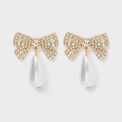Pave Bow Pearl Drop Earrings - A New Day™ Pearl | Target