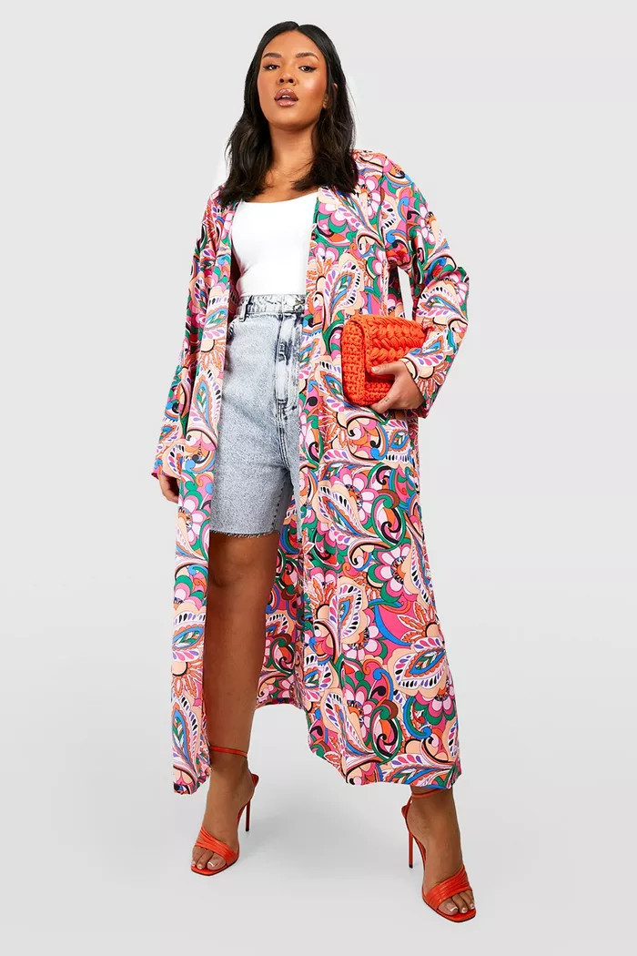 Plus Floral Abstract Longline Kimono | boohoo (US & Canada)