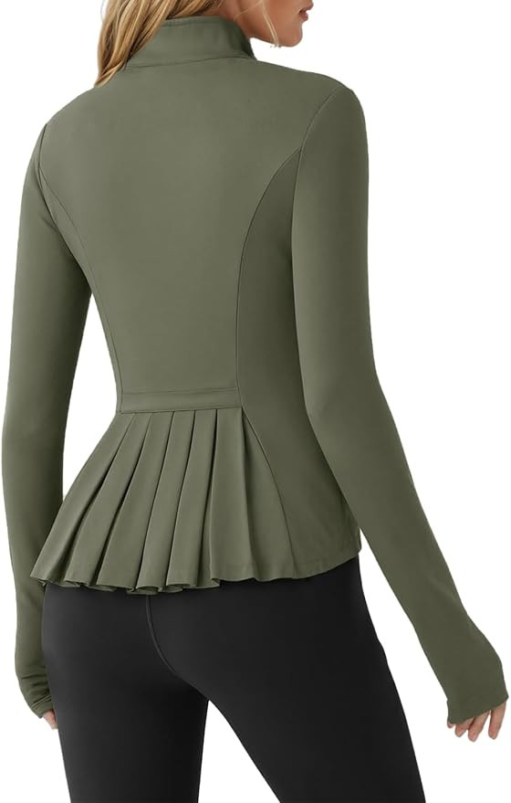 Fisoew Women's Zip Up Workout Jacket Pleated Lightweight Slim Fit Stand Collar Thumb Hole Tops wi... | Amazon (US)