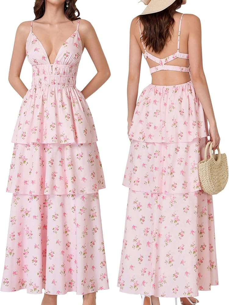 Womens Summer Floral Maxi Dresses Spaghetti Strap Boho Tiered Flowy Beach Dress for Wedding Guest... | Amazon (US)