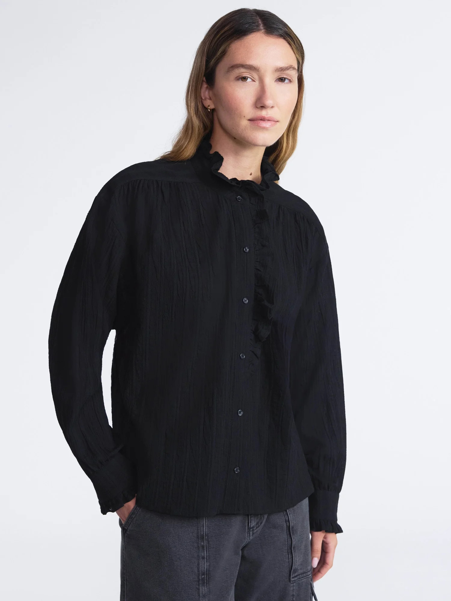 Scoop Women’s Cotton Dobby Ruffle Blouse, Sizes XS-XXL | Walmart (US)