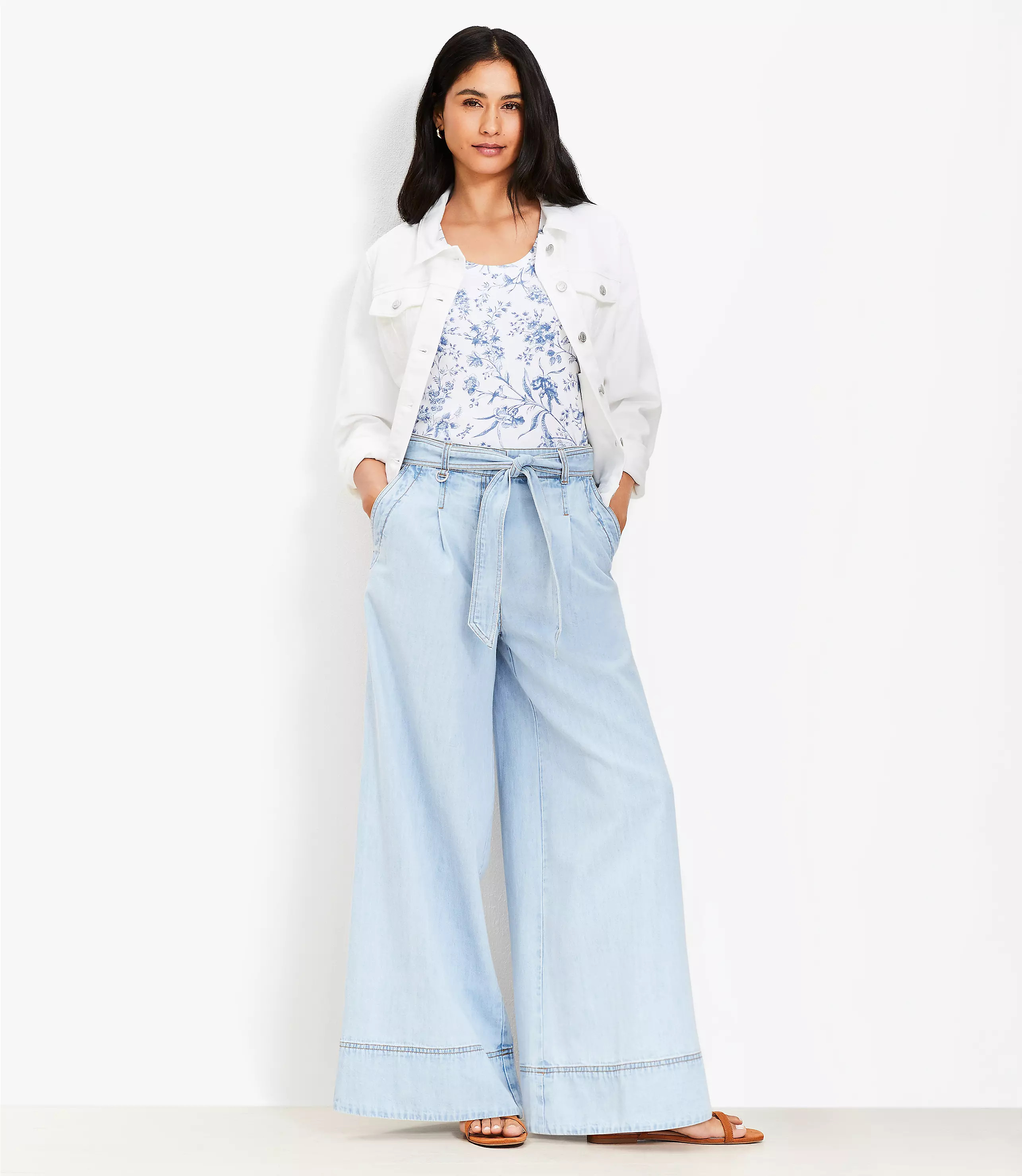 Chambray Belted Wide Leg Pants | LOFT