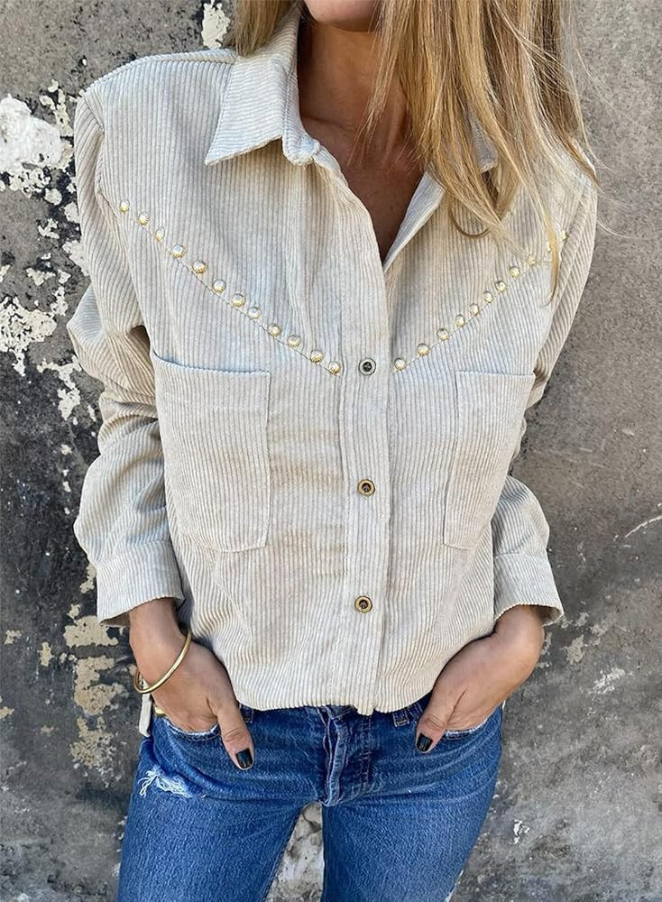 Sidefeel Women Corduroy Rivet Long Sleeve Shirt Button Down Collar Casual Loose Fit Tops | Amazon (US)
