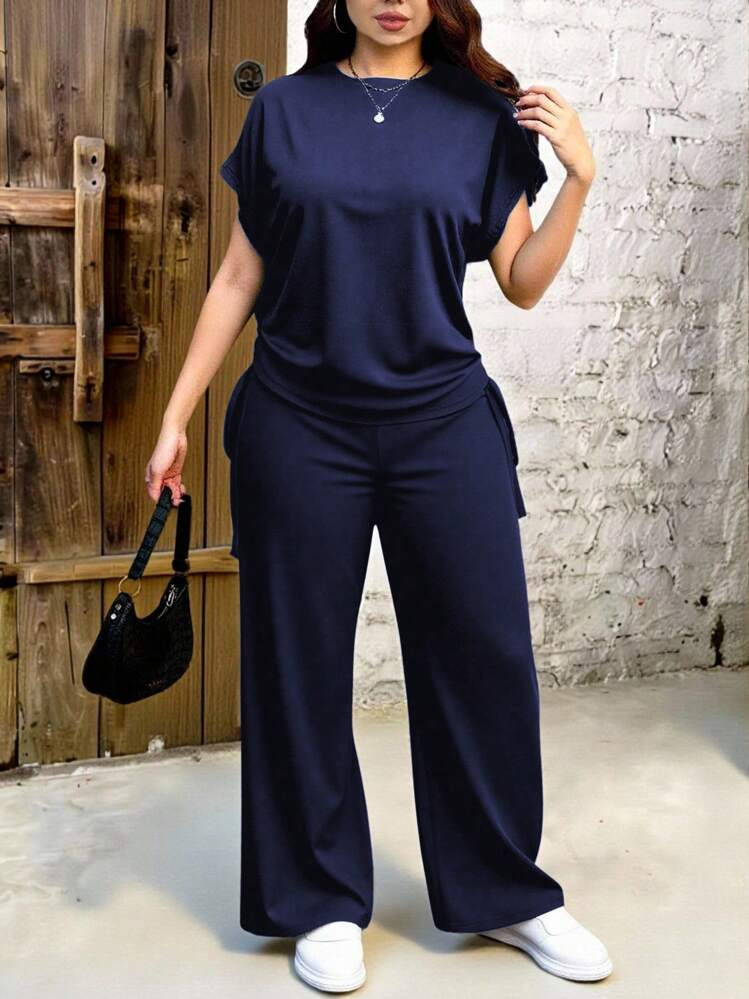 EMERY ROSE 2pcs Navy Blue Solid Color Plus Size Women Casual Set, Suitable For Summer | SHEIN